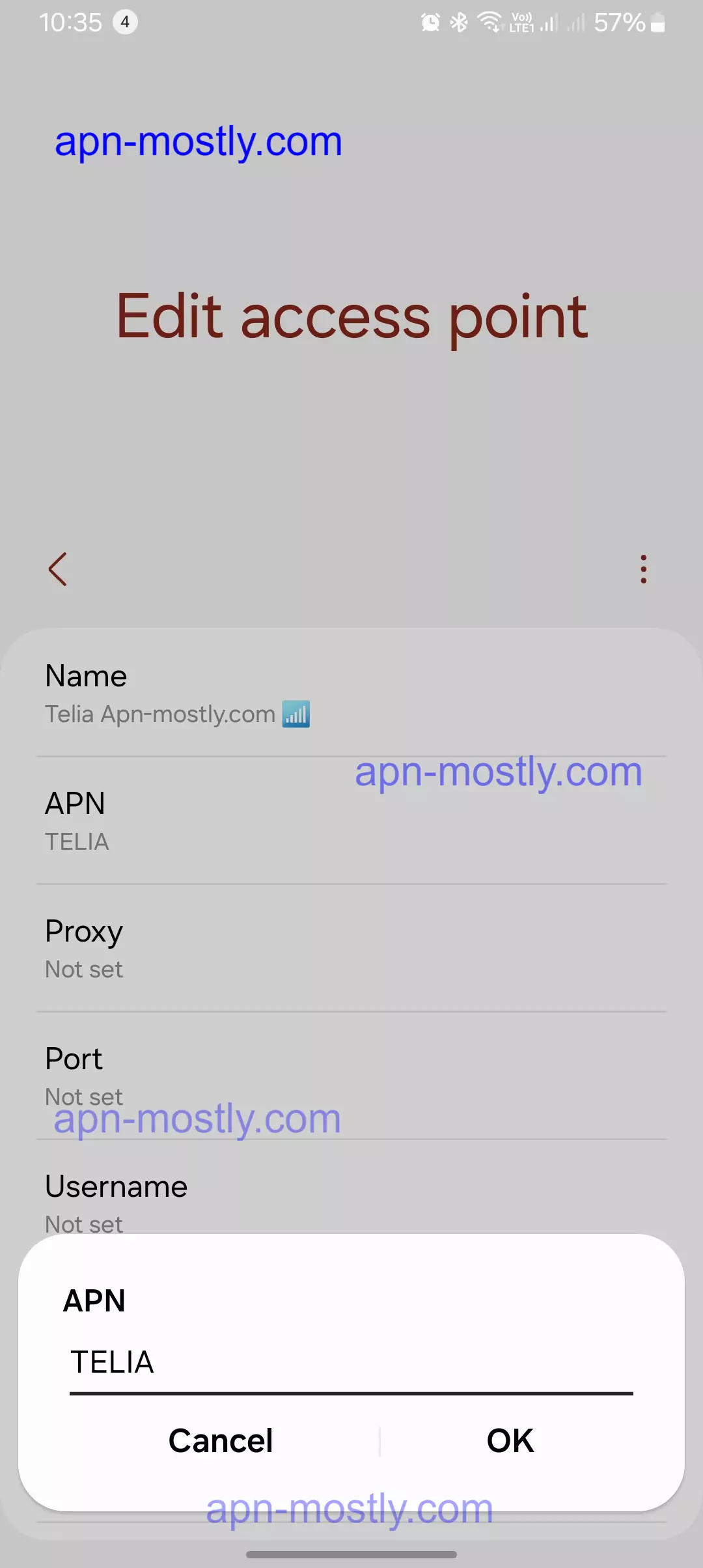 screenshot of editing the APN value for telia