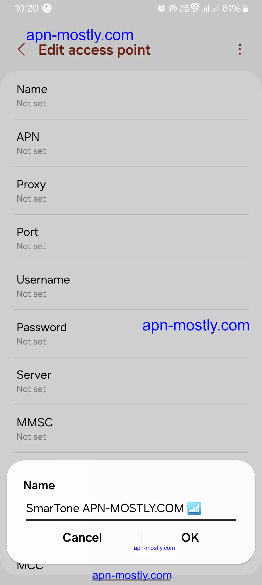 screenshot of naming the apn for smartone internet