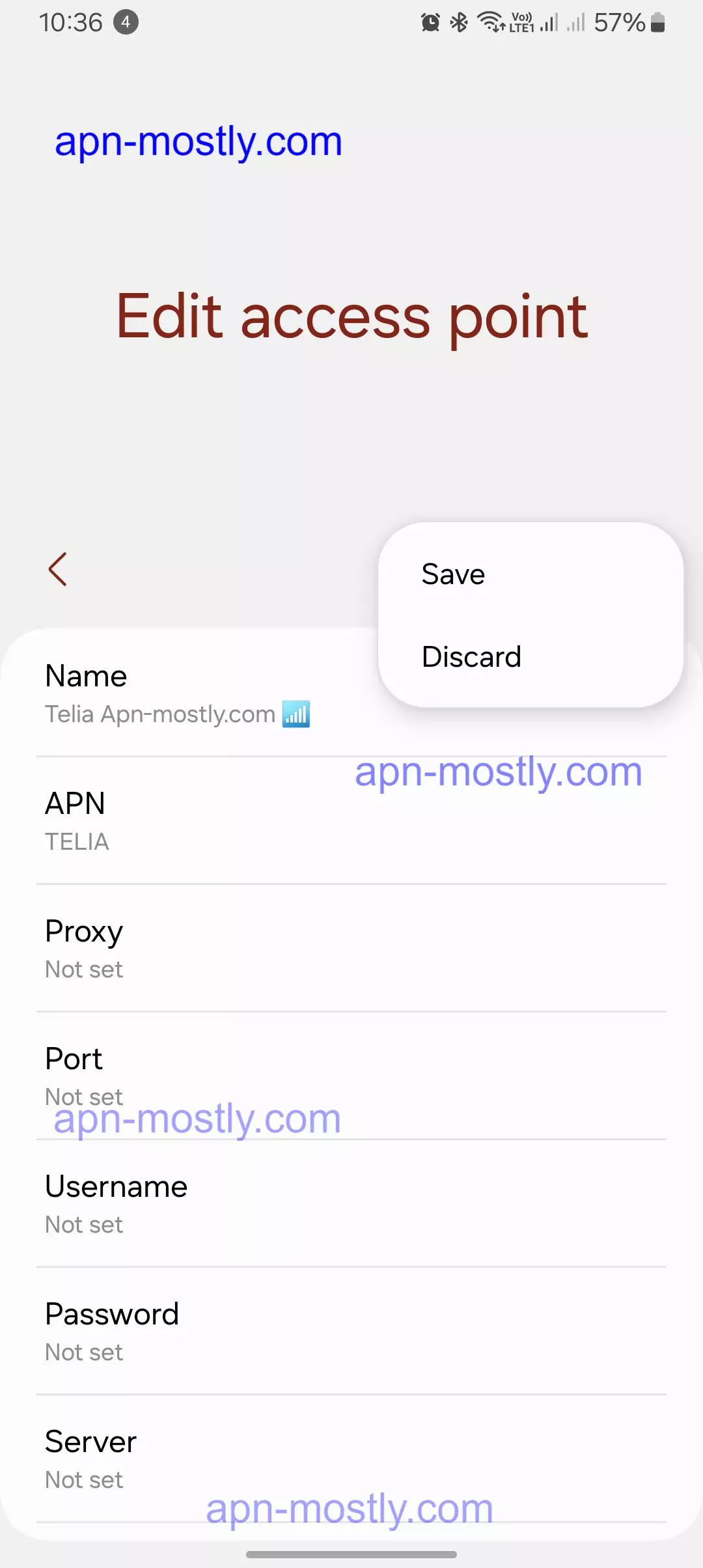 screenshot of saving the apn for telia