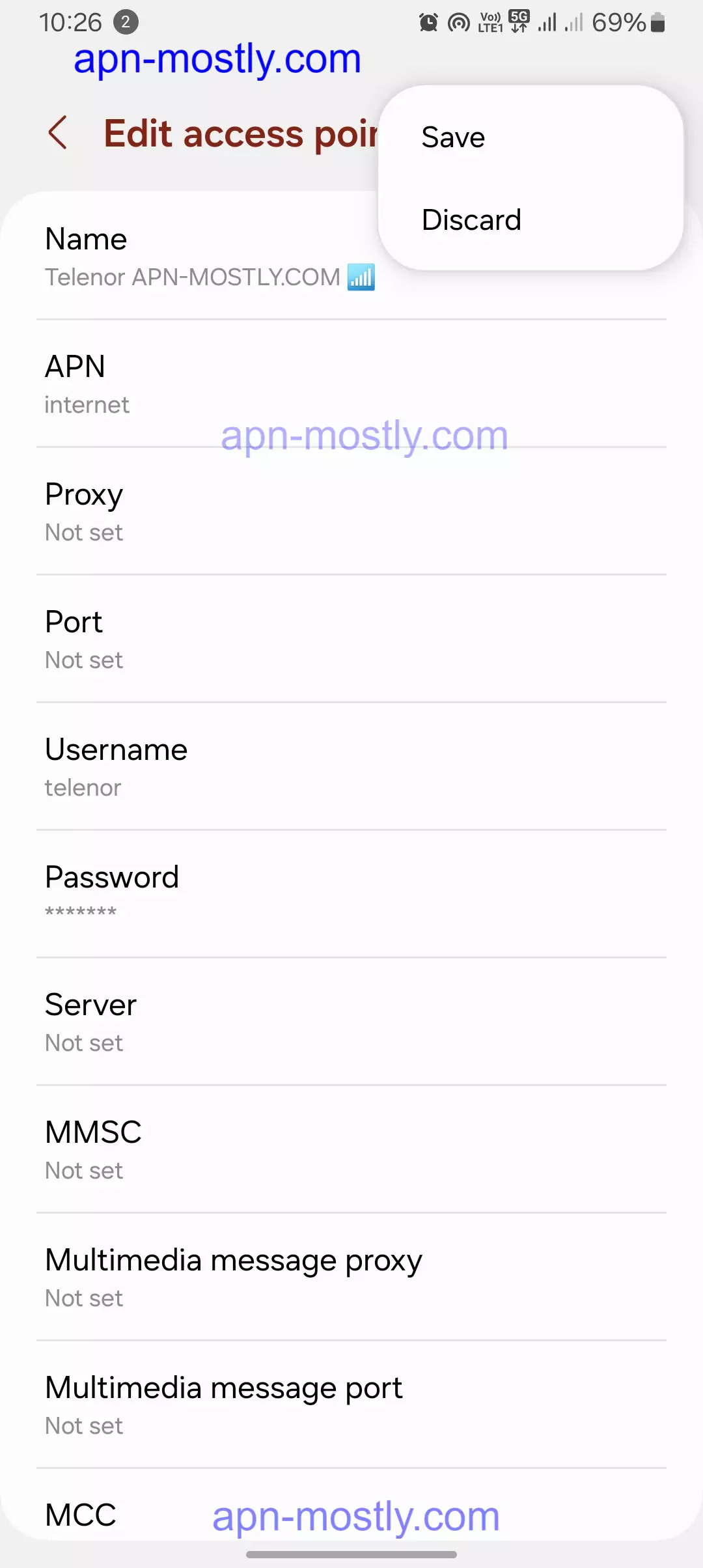 screenshot of telenor apn saving