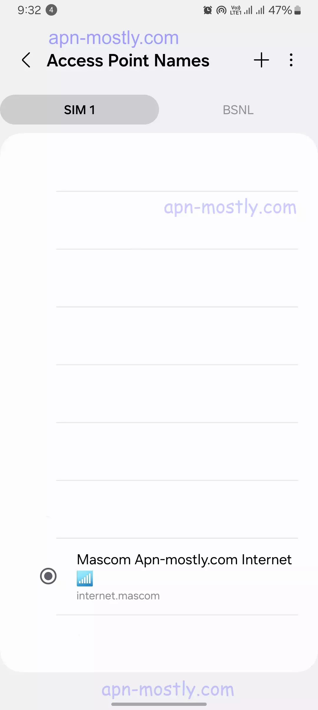 screenshot of access point name with mascom wireless internet