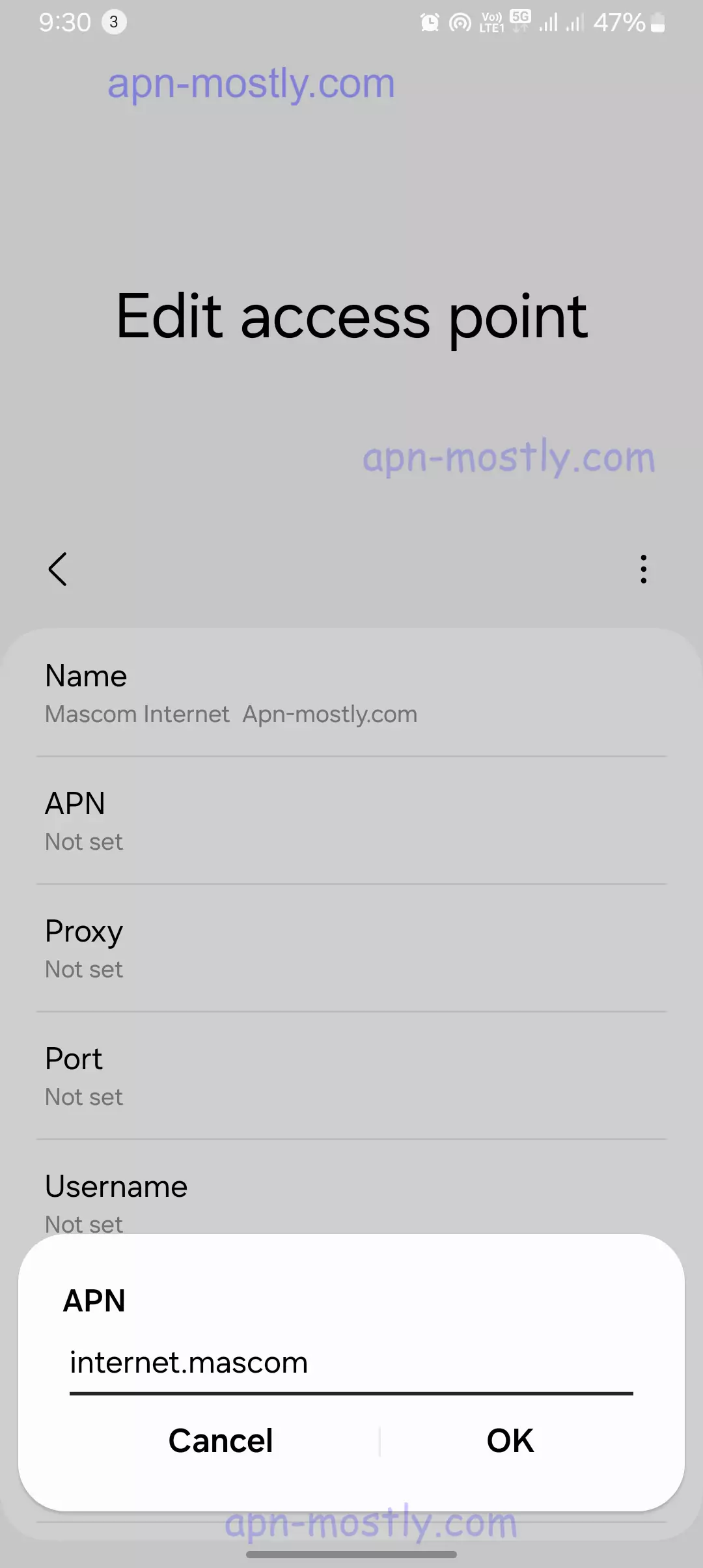 screenshot of adding the apn value for mascom