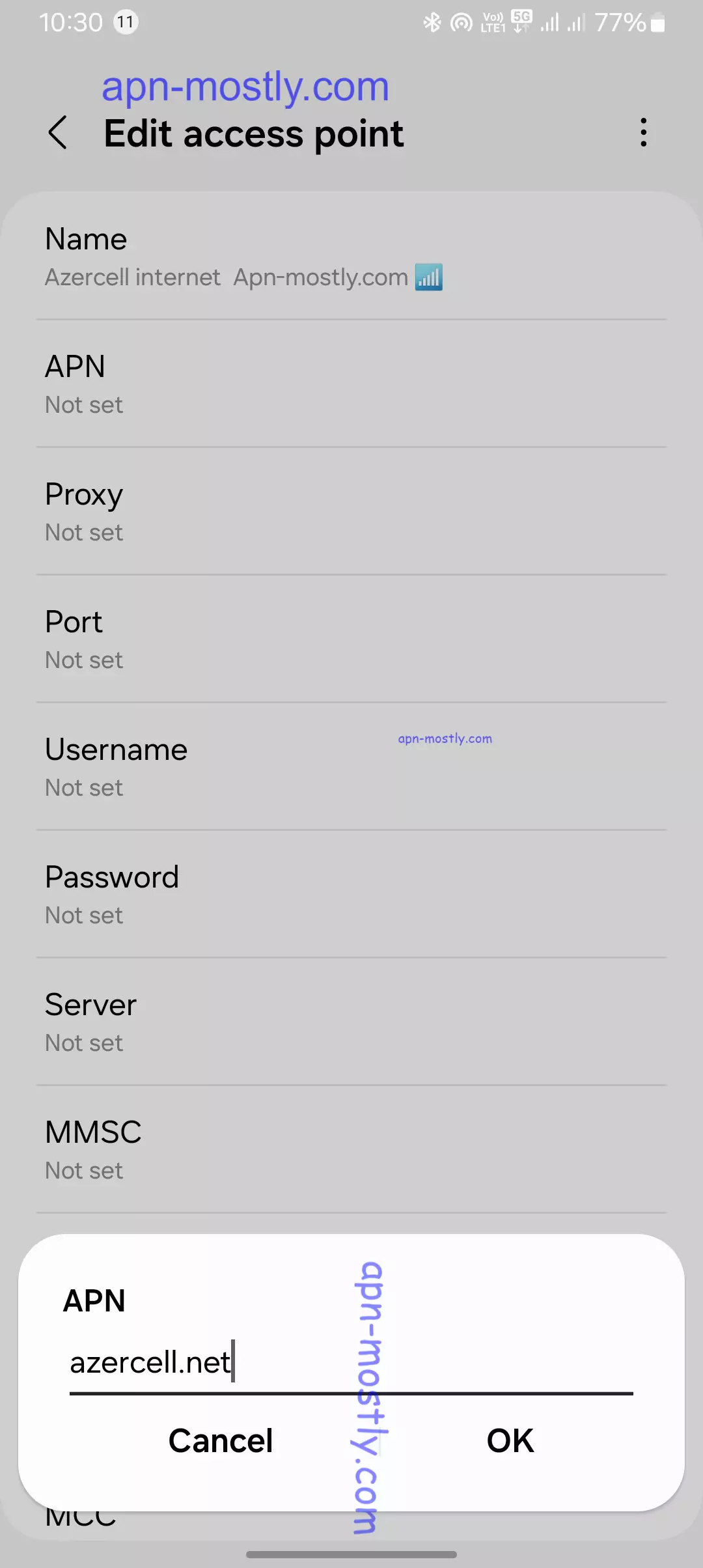 screenshot of adding the apn value into the azercell